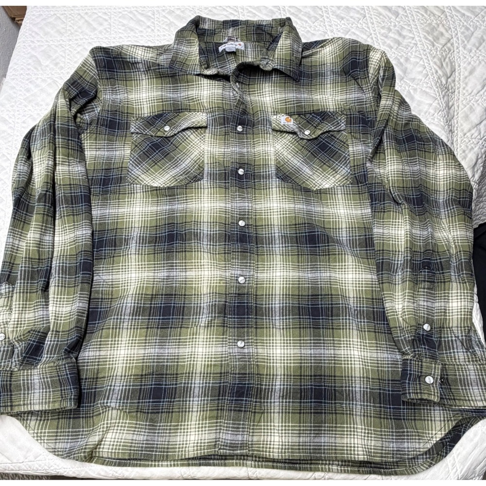Carhartt Plaid Shirt Mens 2XL Green Relaxed Fit Rugged Flex pearl snap